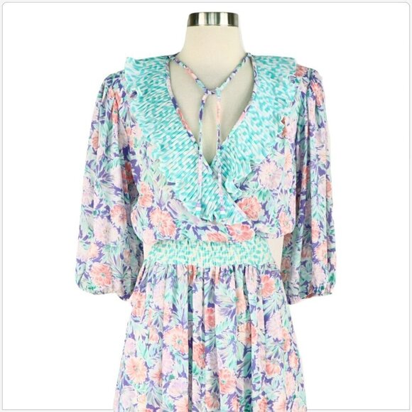 Assorti Susan Freis Vintage 80s Pastel Floral Ruffle Pleated Smocked Dress XS - Picture 3 of 5
